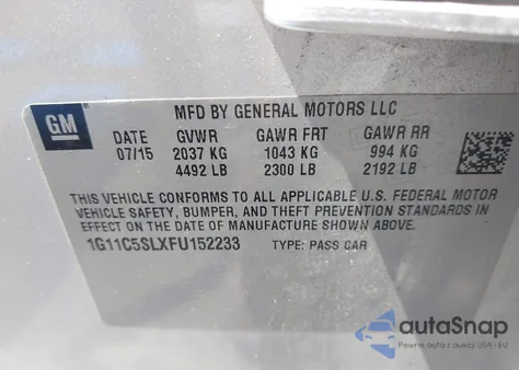 2015 Chevrolet Malibu 1Lt из США, поврежденный, VIN 1G11C5SLXFU152233